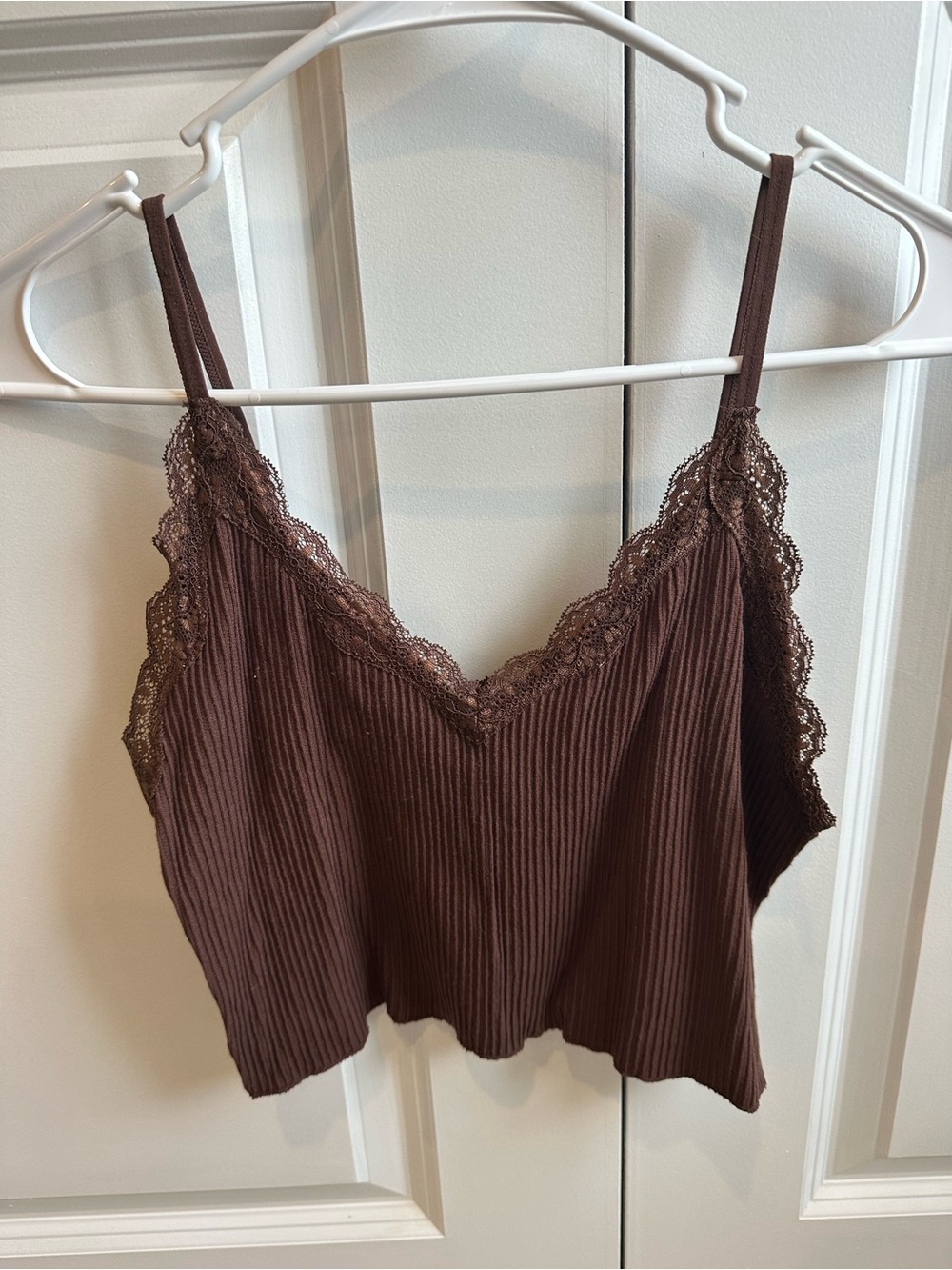 Brown Alya Ribbed Lace-Trim Cami